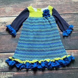 Rare Editions Blue and Green Crochet Kids Dress with Ruffle Detail Size 6